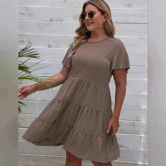 Shein Curve Size 4XL Dusty Rose Pink‎ Tiered Midi Dress Swiss Dots Short Sleeve - Picture 1 of 11